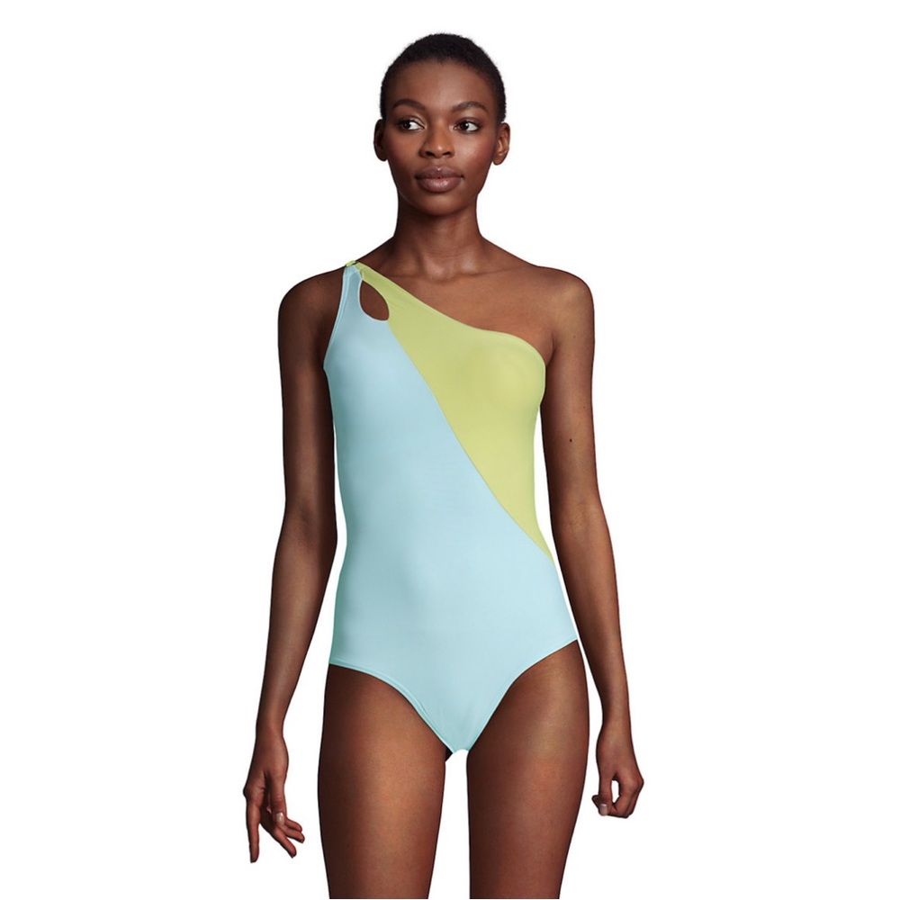 NWT Lands' End Tummy Control UPF 50 Asymmetrical One-Piece Swimsuit Blue Size 14